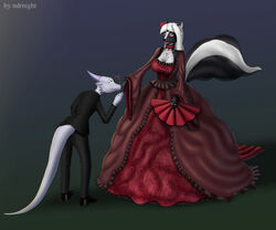  6:5 alternative_fashion anthro ball_gown bottomwear classic_lolita clothed clothing digital_media_(artwork) dragon dress duo female frilly full-length_portrait fully_clothed furgonomics goth gothic_lolita hi_res j-fashion kissing kissing_hand lolita_(fashion) male male/female mammal mephitid mythological_creature mythological_scalie mythology ndrnight night portrait scalie skirt skunk tail tail_through_skirt twillight_(twillightskunk) victorian victorian_goth 