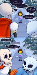  2015 anthro armor bone clothing dialogue english_text frisk hair human humor jacket male mammal monster not_furry papyrus_(undertale) protagonist_(undertale) sans_(undertale) shrineheart skeleton smile text undertale video_games 