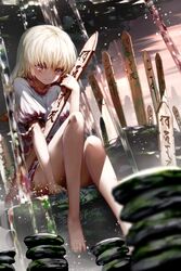  arm_support bare_legs barefoot blonde_hair brown_eyes commentary ebisu_eika female highres knee_up long_hair looking_at_viewer orange_eyes outdoors rock rock_balancing ryosios sitting smile solo sotoba touhou water 