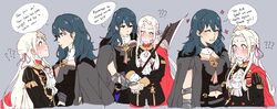  2girls absurdres axe battle_axe blush byleth_(female)_(fire_emblem) byleth_(fire_emblem) cape closed_eyes clothing_cutout clueless commentary dreamsyndd edelgard_von_hresvelg english_commentary english_text fire_emblem fire_emblem:_three_houses flustered garreg_mach_monastery_uniform happy headpat highres multiple_girls navel navel_cutout school_uniform sweat teacher_and_student weapon yuri 