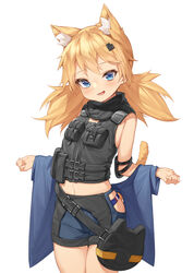  absurdres animal_ear_fluff animal_ears bag bare_shoulders black_vest blonde_hair blue_eyes blue_panties blue_shorts cat_ears cat_girl cat_tail commentary_request cowboy_shot extra_ears female flat_chest girls&#039;_frontline hair_ornament handbag highres hip_vent idw_(girls&#039;_frontline) idw_(mod3)_(girls&#039;_frontline) long_hair looking_at_viewer midriff mokew navel open_mouth panties pouch short_shorts shorts shoulder_pads simple_background smile solo standing tail underwear vest white_background 