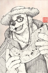  2021 absurd_res anthro bear clothed clothing english_text eyewear felixleong food fruit glasses hat headgear headwear hi_res humanoid_hands lifewonders male mammal melon overweight overweight_anthro overweight_male plant solo straw_hat text tokyo_afterschool_summoners volos_(tas) watermelon watermelon_slice 