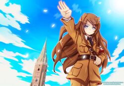  adolf_hitler armband black_neckwear blue_eyes brown_hair brown_shirt cathedral cloud cloudy_sky enjelia female genderswap_(mtf) holding_belt long_hair nazi necktie real_life rule_63 salute shirt sky spire straight-arm_salute swastika tower window 