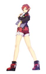  armband ass blue_eyes breasts chisato_madison closed_mouth earrings female hair_ornament hairband highres jewelry long_legs looking_at_viewer murata_tefu one_eye_closed pointy_ears red_hair red_shorts reporter shoes short_hair shorts simple_background sneakers solo star_ocean star_ocean_the_second_story white_background 