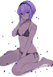  absurdres bare_arms bare_shoulders barefoot between_legs bikini black_bikini black_choker black_hairband black_ribbon breasts choker cleavage collarbone dark-skinned_female dark_skin fate/grand_order fate_(series) female hair_between_eyes hairband hand_between_legs hand_up hassan_of_serenity_(fate) highres looking_at_viewer medium_breasts nail_polish navel oniku_(oishii_oniku) petals purple_eyes purple_hair purple_nails ribbon short_hair side-tie_bikini_bottom sidelocks simple_background sitting skindentation solo stomach sweat swimsuit toenail_polish toenails toes wariza white_background 