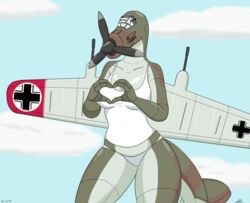  aircraft big_breasts blue_eyes breasts clothing cloud female germany gesture gun hand_heart heart_symbol hi_res jeffthehusky living_aircraft living_machine living_vehicle machine not_furry oppai_heart panties pose propeller ranged_weapon shirt sky smile solo tank_top thick_thighs topwear underwear vehicle weapon wings 