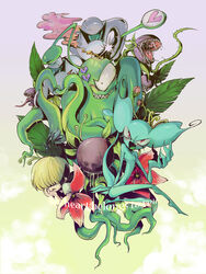  alien big_ears big_eyes blonde_hair blue_body blue_skin carnivorous_plant earthbound_(series) female flower giygas group hair heart_symbol hi_res human male mammal mook morphine_(artist) nintendo not_furry plant porky_minch red_eyes rule_63 starman 