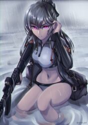  absurdres ak-12_(age_of_slushies)_(girls&#039;_frontline) ak-12_(girls&#039;_frontline) angry bikini black_ribbon braid caiman_pool check_commentary closed_mouth commentary_request female girls&#039;_frontline grey_hair gun highres holding holding_gun holding_weapon jacket long_hair looking_at_viewer navel official_alternate_costume ribbon rifle sidelocks silver_bikini swimsuit unusually_open_eyes very_long_hair weapon 