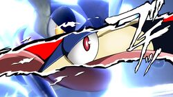  16:9 2019 ambiguous_gender amphibian angry anthro atlus close-up crossover generation_6_pokemon glowing glowing_eyes greninja hi_res japanese_text long_tongue looking_at_viewer mediamaster_127 megami_tensei megami_tensei_persona ninja nintendo pokemon pokemon_(species) red_background red_eyes sega simple_background solo super_smash_bros. super_smash_bros._ultimate text tongue tongue_out warrior widescreen yellow_eyes 