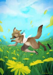  2019 amane_suzuha anthro blonde_hair canid canine canis dandelion detailed_background female flower hair hi_res mammal mostly_nude nakitacat naturally_censored one_eye_closed outside plant smile solo species_transformation steins;gate transformation wolf 