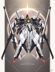  advance_of_zeta beam_rifle black_hair bodysuit character_name energy_gun female green_eyes gun gundam haze&#039;n-thley_ii long_hair mecha mecha_musume robot shirousagi_uyu tr-6_woundwort weapon 