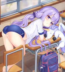  2drr :t ahoge ass azur_lane backpack bag bare_legs barefoot blue_buruma blush breasts buruma chair closed_mouth commentary_request day desk female fingernails gym_shirt gym_uniform hair_ornament hair_scrunchie hairclip highres indoors long_hair looking_at_viewer low_twintails on_desk pout purple_eyes purple_hair purple_scrunchie school_chair school_desk scrunchie see-through shirt small_breasts soles solo stuffed_animal stuffed_toy stuffed_winged_unicorn twintails unicorn_(azur_lane) very_long_hair white_shirt window x_hair_ornament 