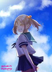  arms_behind_back blue_sailor_collar blue_skirt blue_sky closed_eyes cloud commentary_request cowboy_shot dated day female grin hair_bobbles hair_ornament highres johssnny kantai_collection pink_hair pleated_skirt sailor_collar sazanami_(kancolle) school_uniform serafuku short_hair skirt sky smile solo twintails twitter_username 