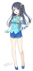  :d armband black_hair blue_eyes blue_shorts blue_vest blush breasts chinese_commentary collared_shirt commentary_request female full_body hair_between_eyes hair_ornament hatsunatsu highres krt_girls long_hair long_sleeves medium_breasts mixed-language_commentary one_side_up open_mouth shirt short_shorts shorts simple_background smile solo standing very_long_hair vest white_background white_shirt xiao_qiong 