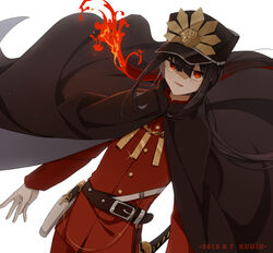  1boy belt belt_buckle black_hair buckle burning cloak commentary_request dutch_angle fate/grand_order fate_(series) fire floating_cape formal gloves gun hair_between_eyes handgun hat highres katana kumin_(6939359) long_sleeves looking_at_viewer male_focus military military_hat military_uniform oda_nobukatsu_(fate) oda_uri open_mouth pants photoshop_(medium) ponytail red_eyes red_pants red_suit sheath sheathed simple_background solo standing suit sword uniform weapon white_background white_gloves 