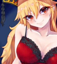  blonde_hair blue_background bow bow_bra bra breasts cleavage collarbone commentary_request female hat head_tilt highres junko_(touhou) lace lace_bra large_breasts long_hair looking_at_viewer partial_commentary red_bra red_eyes smile solo tassel toluda touhou underwear upper_body 