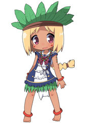  :d barefoot blonde_hair blue_dress blush bow braid brown_bow chibi commentary_request dark-skinned_female dark_skin dress facial_mark female frilled_dress frills full_body headdress long_hair open_mouth original osaragi_mitama parted_bangs red_eyes sailor_collar sailor_dress short_eyebrows sidelocks simple_background single_braid sleeveless sleeveless_dress smile solo standing star_(symbol) thick_eyebrows toenails very_long_hair white_background white_sailor_collar 