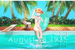  artist_name barefoot bikini blonde_hair closed_eyes cooler dated day diving_board english_text facing_viewer female flower frilled_bikini frills grass hand_up head_wreath hibiscus holding holding_swim_ring innertube kantai_collection kirihota open_mouth outdoors palm_tree pool poolside sailor_bikini sailor_collar short_hair sitting sky smile soaking_feet solo swim_ring swimsuit tree twitter_username very_short_hair water white_bikini white_sailor_collar wide_shot z1_leberecht_maass_(kancolle) z1_leberecht_maass_(swimsuit_mode)_(kancolle) 