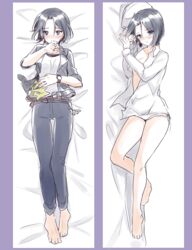  absurdres bad_id bad_pixiv_id barefoot bed_sheet belt black_hair black_jacket black_pants blue_eyes blush breasts closed_mouth collarbone collared_shirt commentary_request dakimakura_(medium) dress_shirt eyes_visible_through_hair female full_body hair_between_eyes hands_up highres holding holding_mask ichiren_namiro jacket jun_(princess_connect!) jun_(real)_(princess_connect!) long_sleeves lying mask multiple_views naked_shirt no_pants nose_blush on_back on_side open_clothes open_jacket open_shirt pants parted_bangs parted_lips princess_connect! shirt short_hair short_sleeves small_breasts watch white_shirt wristwatch 