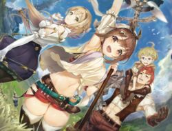  2boys 2girls :d abs ahoge animal arm_up armor armpits atelier_(series) atelier_ryza atelier_ryza_1 belt beret bird blonde_hair blue_eyes blue_skirt blue_sky boots braid breasts brown_eyes brown_footwear brown_gloves brown_hair carrying cloud cloudy_sky commentary crop_top cruel_gz day detached_sleeves elbow_gloves fisheye flask floating_hair flock gauntlets glasses gloves grass green_eyes hair_ornament hairclip hat highres holding holding_staff klaudia_valentz knee_boots large_breasts lent_marslink long_hair looking_at_viewer midriff multiple_boys multiple_girls navel open_mouth orange_eyes outdoors pants pantyhose partially_fingerless_gloves pauldrons red_hair red_pants red_shorts reisalin_stout round_eyewear shirt short_hair short_shorts shorts shoulder_armor sidelocks single_pauldron skirt sky smile staff stomach tao_mongarten test_tube thigh_boots thighhighs thighs tower vest white_gloves white_headwear white_shirt 