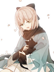  animal armor artist_name black_cat black_ribbon black_scarf blonde_hair blood blood_from_mouth commentary_request crying dated falling_petals fate/grand_order fate_(series) feline female hair_ribbon haori highres holding holding_animal holding_cat japanese_armor japanese_clothes kimono koha-ace kote kumin_(6939359) looking_at_animal looking_away looking_down medium_hair narrowed_eyes okita_souji_(fate) okita_souji_(koha-ace) petals petting photoshop_(medium) ribbon scarf short_kimono sidelocks simple_background solo streaming_tears tears white_background yellow_eyes 