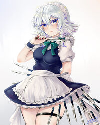  apron arm_behind_back artist_name black_panties blue_dress blue_eyes blush bow bowtie breasts colored_eyelashes commentary cowboy_shot dress female frilled_apron frills green_bow green_bowtie grey_background hair_between_eyes hairbow hand_up highres holding holding_knife holding_weapon izayoi_sakuya knife looking_at_viewer maid maid_apron maid_headdress medium_breasts nail_polish panties panty_peek parted_lips petticoat red_nails short_dress short_hair signature solo standing thigh_strap thighs too_many too_many_knives touhou underwear waist_apron weapon white_apron white_hair wrist_cuffs yuma_(yuuma_pants) 