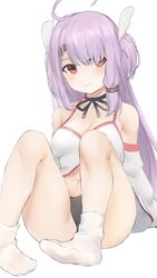  ahoge ass bad_id bad_twitter_id bare_legs bare_shoulders black_panties blush breasts choker cleavage closed_mouth collarbone detached_sleeves female hair_ornament halterneck highres indie_virtual_youtuber knees_up light_purple_hair long_hair long_sleeves looking_at_viewer marulire medium_breasts navel no_pants panties red_eyes revealing_clothes shirt simple_background sitting smile socks solo thighs two_side_up underwear very_long_hair virtual_youtuber white_background white_shirt white_socks yumeno_shiori 