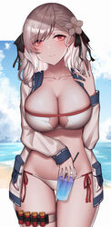  absurdres ammunition bad_id bad_pixiv_id beach bikini blue_sky breasts cleavage closed_mouth collarbone commentary_request cowboy_shot day drink drinking_straw eyes_visible_through_hair female flower girls&#039;_frontline hair_flower hair_ornament hand_up highres holding holding_drink jacket large_breasts long_sleeves looking_at_viewer medium_hair ocean official_alternate_costume open_clothes open_jacket outdoors outside_border red_eyes shotgun_shell side-tie_bikini_bottom siu_(siu0207) sky sleeve_cuffs smile solo spas-12_(girls&#039;_frontline) spas-12_(midsummer_fruit)_(girls&#039;_frontline) standing swimsuit thigh_gap thigh_strap water wavy_hair white_bikini white_hair white_jacket 