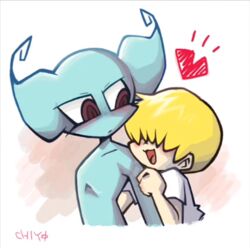  alien big_ears big_eyes blonde_hair blue_body blue_skin duo earthbound_(series) female giygas hair heart_symbol human male mammal morphine_(artist) nintendo not_furry porky_minch red_eyes rule_63 