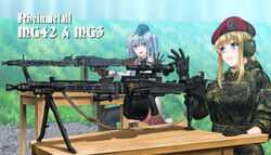  2girls :d ammunition ammunition_belt beret bipod black_gloves black_headwear black_pantyhose blackletter blonde_hair blue_eyes brown_gloves bundeswehr camouflage character_name chinese_commentary commentary company_name country_connection day drum_magazine ear_protection emblem feet_out_of_frame flashlight flecktarn flip-up_sight garrison_cap german_flag girls&#039;_frontline gloves grass gravel green_jacket gun gun_sling hat hat_ornament headphones henshako highres jacket korean_commentary laser_sight long_sleeves looking_at_another looking_at_viewer machine_gun magazine_(weapon) mg3 mg3_(girls&#039;_frontline) mg42 mg42_(girls&#039;_frontline) military military_hat military_jacket military_uniform mixed-language_commentary multiple_girls necktie open_mouth outdoors pantyhose patch pleated_skirt purple_eyes red_headwear rifle_cartridge scope shoulder_patch skirt sleeve_cuffs sleeves_past_elbows sleeves_pushed_up smile table thighhighs trigger_discipline twintails uniform upper_body vegetation waving weapon weapon_family weapon_name weeds white_hair white_jacket wooden_table woodland_camouflage 