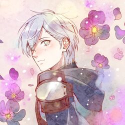  1boy armor ashe_ubert back blush closed_mouth commentary_request eyes_visible_through_hair fire_emblem fire_emblem:_three_houses flower freckles green_eyes grey_hair hair_over_one_eye highres hood looking_at_viewer male_focus petals pink_background rokusashu shoulder_pads smile solo upper_body 