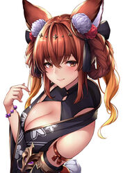  animal_ears anthuria anthuria_(yukata)_(granblue_fantasy) bare_shoulders blonde_hair bracelet braid braided_hair_rings breasts brown_eyes brown_hair cleavage closed_mouth commentary detached_sleeves erune female floral_print gradient_hair granblue_fantasy hair_between_eyes hair_ornament hair_rings hand_up highres jewelry large_breasts long_hair looking_at_viewer multicolored_hair official_alternate_costume simple_background solo tassel twintails upper_body white_background wide_sleeves ym_(distance819) 