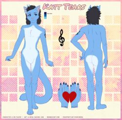  2018 4_toes 5_fingers abstract_background anthro barefoot biped black_eyebrows black_hair blue_body blue_claws blue_eyes blue_fur blue_hair blue_tail claws color_swatch countershading digital_media_(artwork) domestic_cat english_text eyebrows featureless_crotch feet felid feline felis femboy fingers flat_colors fur hair heart_symbol hi_res katt_tears long_tail looking_at_viewer male mammal model_sheet mosa multicolored_body multicolored_fur multicolored_hair naturally_censored nude pink_nose plantigrade solo tail tattoo text toes two_tone_body two_tone_fur two_tone_hair url white_body white_countershading white_fur 