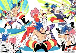  2boys 2girls aina_ardebit bikini bikini_top_only blonde_hair blue_eyes blue_hair blush commentary_request cone_hair_bun double_bun galo_thymos gloves goggles grin hair_bun jacket lab_coat lio_fotia lucia_fex manbou_no_ane multicolored_hair multiple_boys multiple_girls open_mouth pink_hair promare smile striped_clothes striped_thighhighs swimsuit thighhighs two-tone_hair 