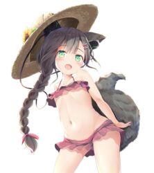  animal_ear_fluff animal_ears arms_behind_back bikini bikini_skirt black_hair braid chigusa_hana commentary_request dog_ears dog_tail earphones female flat_chest green_eyes groin hat indie_virtual_youtuber long_hair lowleg lowleg_bikini navel open_mouth pirason red_bikini single_braid smile solo sun_hat swimsuit tail transparent_background virtual_youtuber 