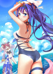  2girls animal_ears ass back ball bare_shoulders beach beachball bell bikini bikini_top_only black_hairband blue_eyes blue_hair blue_one-piece_swimsuit blush bracelet breasts cat_ears cat_girl cat_tail collar commentary_request contrapposto day flower front-tie_bikini_top front-tie_top hair_flower hair_ornament hairband halterneck hands_on_own_head hibiscus high_ponytail highres jewelry long_hair looking_at_viewer mifuyu_(princess_connect!) mifuyu_(summer)_(princess_connect!) multiple_girls multiple_tails neck_bell ocean official_alternate_costume one-piece_swimsuit open_mouth outdoors pink_bikini ponytail princess_connect! purple_bikini purple_eyes side-tie_bikini_bottom sparkle swimsuit sylvaniaf tail tamaki_(princess_connect!) tamaki_(summer)_(princess_connect!) thigh_strap very_long_hair wading water water_drop 