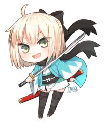  :d ahoge artist_name black_bow black_scarf blonde_hair blush bow chibi commentary_request dated eyes_visible_through_hair fate/grand_order fate_(series) female full_body hairbow haori holding holding_sword holding_weapon japanese_clothes katana kimono koha-ace long_sleeves looking_at_viewer misora_deco obi okita_souji_(fate) okita_souji_(koha-ace) open_mouth sash scarf sheath shinsengumi short_hair short_kimono simple_background smile solo sword thighhighs weapon white_background white_kimono wide_sleeves yellow_eyes zettai_ryouiki 