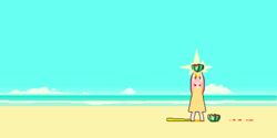  animated animated attack barefoot baseball_bat beach blue_sky brown_hair day dress expressionless female food fruit holding holding_food holding_fruit holding_watermelon jumping kawawagi ocean original pixel_art sand sky solo sparkle suikawari watermelon yellow_dress 