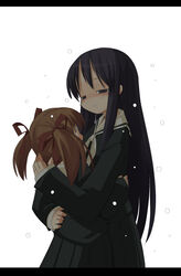  2girls black_hair blush brown_hair fukuzawa_yumi height_difference hug letterboxed lillian_girls&#039;_academy_school_uniform long_hair long_sleeves looking_down mamo_williams maria-sama_ga_miteru multiple_girls ogasawara_sachiko school_uniform serafuku short_hair simple_background snow twintails very_long_hair 