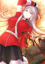  between_breasts breasts derivative_work fate/grand_order fate_(series) female florence_nightingale_(fate) gloves highres large_breasts long_hair looking_at_viewer lying military military_uniform on_back pantyhose pink_hair rna_(angel-smelter) smile solo strap_between_breasts uniform 