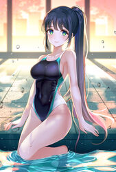  3: absurdres aqua_eyes bare_arms bare_legs bare_shoulders barefoot blue_hair blurry blurry_background blush breasts cleavage closed_mouth collarbone commentary_request competition_swimsuit covered_navel depth_of_field female foka_(beginner) gradient_hair groin highres impossible_clothes impossible_swimsuit indoors large_breasts long_hair looking_at_viewer multicolored_hair one-piece_swimsuit original photoshop_(medium) ponytail pool sidelocks sitting solo swimsuit thighs tile_floor tiles very_long_hair water wet 