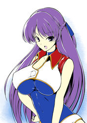  alternate_breast_size blue_eyes bodysuit breasts choker cleavage collarbone commentary covered_navel covered_nipples dirty_pair dirty_pair_flash female hair_ribbon hand_on_own_hip hassen_(8cm) large_breasts long_hair open_mouth photoshop_(medium) purple_hair ribbon simple_background sleeveless upper_body yuri_(dirty_pair_flash) 