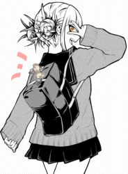  absurdres bad_id bad_pixiv_id bag blunt_bangs blush boku_no_hero_academia commentary_request double_bun fangs female from_behind hair_bun highres jipponwazaari looking_at_viewer looking_back messy_hair monochrome partially_colored pleated_skirt polka_dot polka_dot_background short_hair simple_background skirt sleeves_past_wrists solo sweater toga_himiko v yellow_eyes 