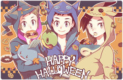  3boys alternate_costume bad_id bad_pixiv_id banette banette_(cosplay) brendan_(pokemon) brown_hair candy closed_mouth commentary_request cosplay cyndaquil doughnut ethan_(pokemon) food grey_eyes halloween happy_halloween holding holding_pokemon hood hood_up lollipop lucas_(pokemon) male_focus mimikyu mimikyu_(cosplay) mouth_hold mudkip multiple_boys pokemon pokemon_(creature) pokemon_dppt pokemon_hgss pokemon_oras pretzel sableye sableye_(cosplay) short_hair smile turtwig xichii zipper_pull_tab 