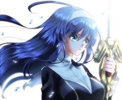  ahoge asagi_nanase bad_id bad_twitter_id blue_eyes blue_hair female hairband holding holding_weapon long_hair orie_ballardiae_harada sword under_night_in-birth very_long_hair weapon white_hairband 