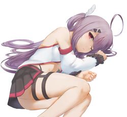  absurdres ahoge ass bad_id bad_pixiv_id bare_legs bare_shoulders black_skirt breasts center_opening closed_mouth detached_sleeves feet_out_of_frame female hair_ornament hair_spread_out highleg highres indie_virtual_youtuber light_purple_hair long_hair long_sleeves looking_at_viewer lying marulire medium_breasts miniskirt on_side one_eye_closed pleated_skirt red_eyes revealing_clothes shirt simple_background skirt solo stomach thigh_strap two_side_up underboob very_long_hair virtual_youtuber white_background white_shirt yumeno_shiori 