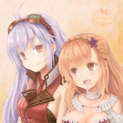  2girls arnas_(yoru_no_nai_kuni) bare_shoulders blonde_hair blush braid braided_bun breasts choker cleavage couple eye_contact goggles goggles_on_head hair_bun happy holding_hands kotatsu_(dearbit) large_breasts long_hair looking_at_another lyuritis_(yoru_no_nai_kuni) multiple_girls necktie open_mouth red_necktie ribbed_sweater sideboob simple_background smile sweater two-tone_background very_long_hair watermark white_hair yoru_no_nai_kuni yuri 