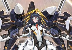  advance_of_zeta beam_rifle black_hair bodysuit cannon energy_gun female green_eyes gun gundam haze&#039;n-thley_ii long_hair mecha mecha_musume robot shirousagi_uyu tr-6_woundwort weapon 