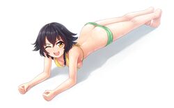  ;d all_fours aposine ass bikini bikini_shorts black_hair blush braid breasts butt_crack cleavage clenched_hands commentary commission english_commentary female flat_ass girls_und_panzer green_shorts looking_at_viewer medium_breasts one_eye_closed open_mouth pepperoni_(girls_und_panzer) planking shadow shiny_skin short_hair shorts simple_background smile solo sweat swimsuit teeth tongue upper_teeth_only white_background 