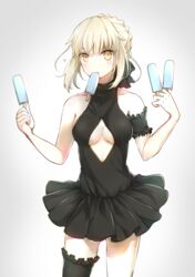  absurdres armband artoria_pendragon_(alter_swimsuit_rider)_(fate) artoria_pendragon_(alter_swimsuit_rider)_(first_ascension)_(fate) artoria_pendragon_(fate) bare_shoulders between_fingers black_ribbon black_thighhighs blonde_hair braid breasts commentary_request cowboy_shot fate/grand_order fate_(series) female food food_in_mouth frilled_armband frilled_thighhighs frills hair_ribbon hands_up highres holding holding_food legs_apart medium_breasts misora_deco official_alternate_costume one-piece_swimsuit orange_eyes popsicle ribbon single_thighhigh solo swimsuit thighhighs 